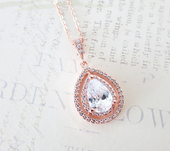 Rose Gold Deluxe Cubic Zirconia Teardrop necklace, Halo style crystal