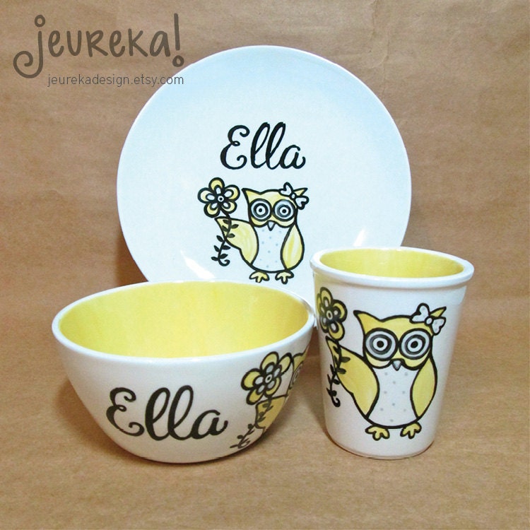 Baby Owl Personalized Child Dish Set Ceramic Plate Bowl