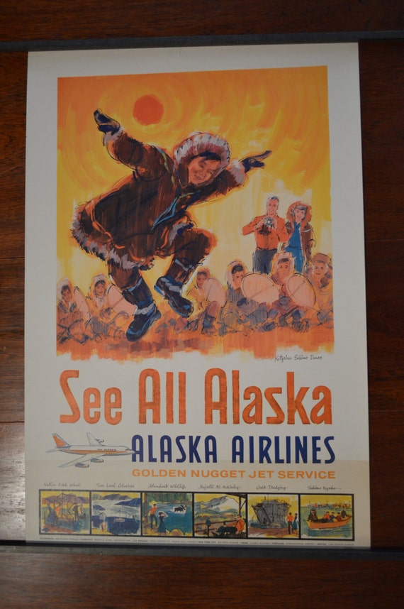 Yukon Adventure Vintage Alaska Airlines Travel Poster Eskimo