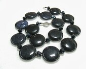 Blue Sunstone Disc Necklace, Indigo dark blue goldstone, Midnight sky, sparkling shimmering jewelry, navy blue