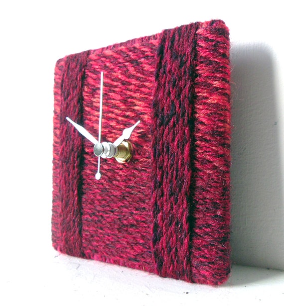 Red Desk Clock / Small Wall Clock Marbled Chunky Wool Red