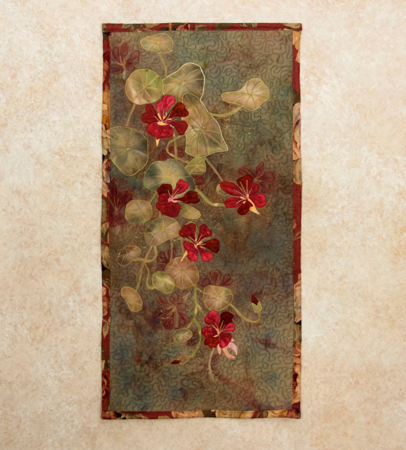 Hand painted fabric art quilt wallhanging Nasturtiums