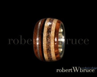 Meteorite & Dinosaur Bone Men's Exotic Wood Ring // Thuya Burl, Satinwood, Ebony w/ Sterling Silver Liner - Exclusive rWb Custom Design