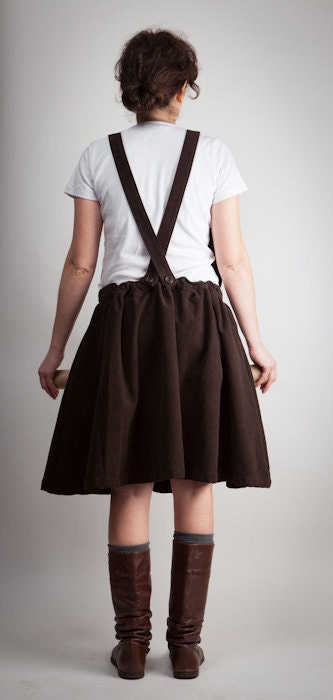 skirt overalls - moleskin / cotton - brown - handmade - maxi pocket