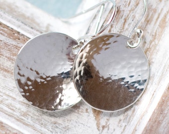 Hammered Earrings, Sterling Silver Earrings, Disk Earrings, Shiny Silver Earrings, Drop Earrings, Earrings