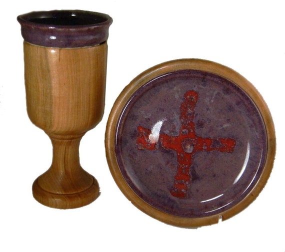 Lathe Turned Wood Communion Set with Pottery Liner/Insert