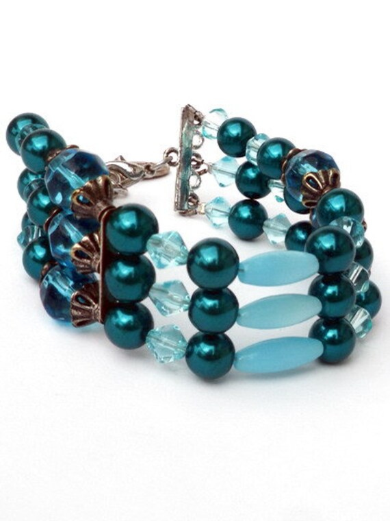 Bracelet glass pearls teal glass beads aquamarine tiger eye