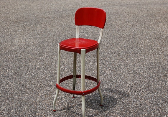 Red White Cosco Stool, Mid Century Metal Step Stool Chair, Shabby Chic Red White Stool, 1950s Kitchen Stool, Industrial Metal Stool