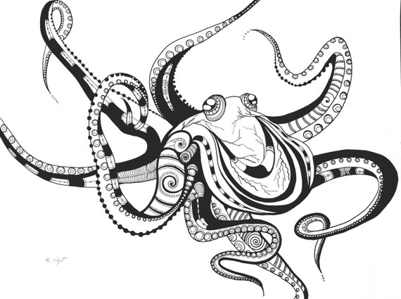 Items similar to Octopus Drawing, Black and White Animal Art, Pen and ...