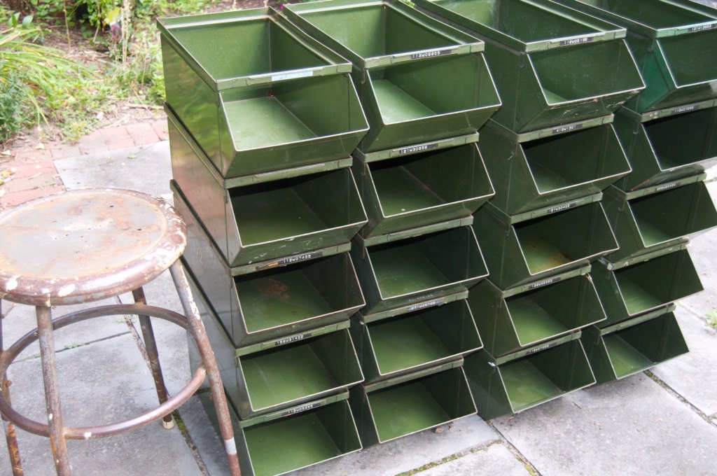 Large Vintage Industrial Green Metal Stackable Storage Bins