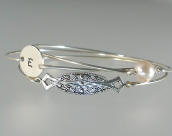 Wedding Jewelry Bracelet Set, Bridesmaid Gift, Personalized Bangle, Pearl Silver Bracelet, Bridesmaid Gift, Bridesmaid Jewelry (S249S,)
