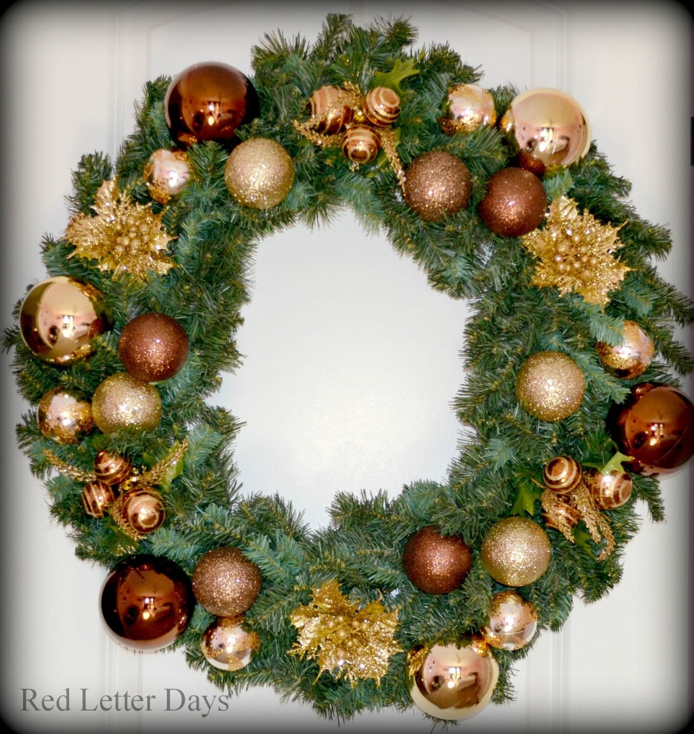 Christmas Ornament Wreath, Holiday Evergreen Wreath, Large Winter Wreath, Seasonal Door Decor