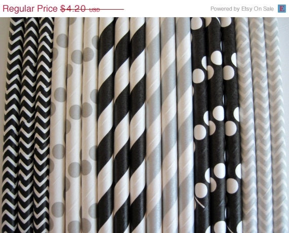 15% off - 25 Black and Metallic Silver Stripe, Dot and Chevron Paper Straw Mix - Stripe, Dot & Chevron - ships less than 24 hours Il_570xn
