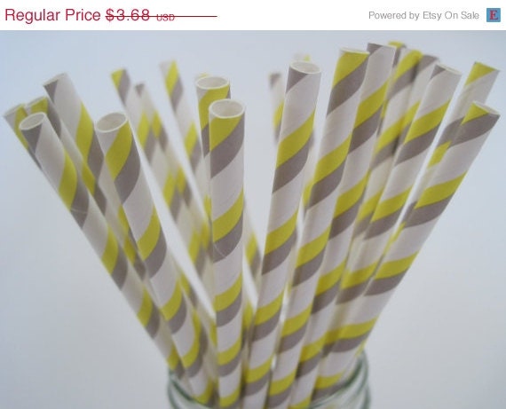 15% off - 25 Grey and Yellow Strpe Paper Straws - ships less than 24 hours Il_570xn