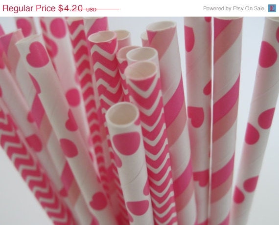 ON SALE 25 Hot Pink Straw Mix -Dot, Stripe, Hearts, Chevron - ships less than 24 hours Il_570xn