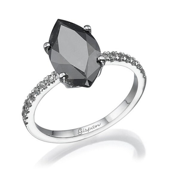Marquise Black Diamond Engagement Ring white gold with white