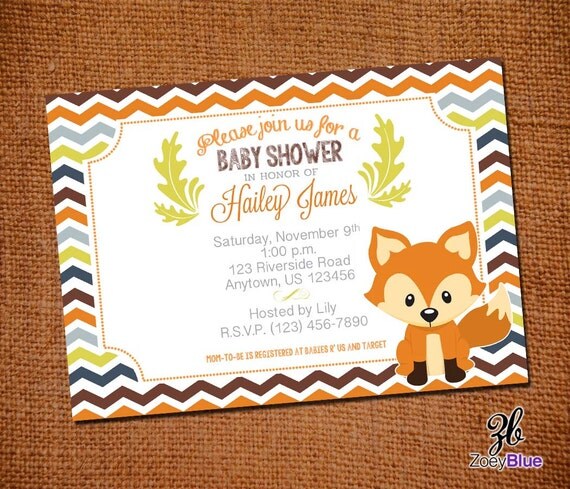 Fox Invitation Baby Shower Baby Fox Invitation Fall Zig Zag Chevron ...