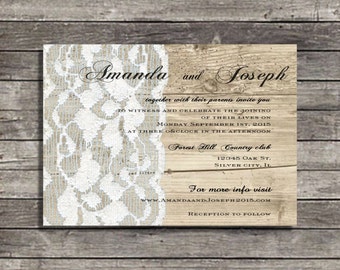 Rustic wedding invitations, Vintage lace wood invites