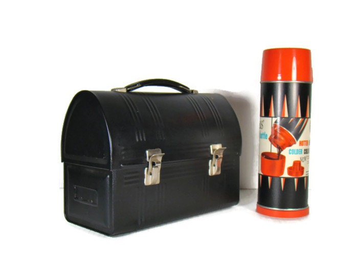 Vintage Black Metal Lunch Box / Lunch Pail With Thermos Bottle