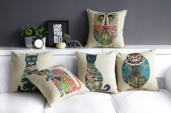 Linen Pillow cover/Decorative throw pillow/Throw cushion/Pillowcase/Decorative pillow cover/scatter cushion,cat,owl