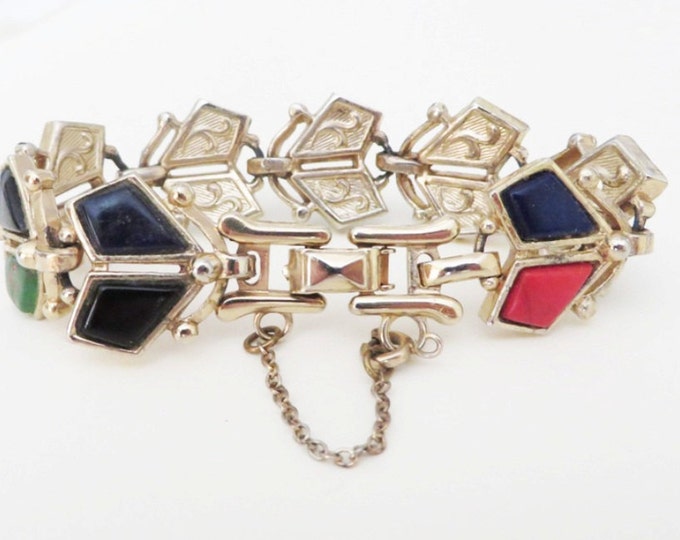 Vintage Barclay Stone Link Bracelet, Red, Green, Navy and Black Stone Bracelet