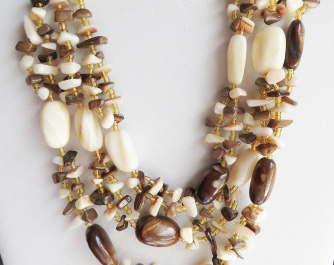 Necklace, Brown Bead Necklace, Vintage Brown Quartz Triple Strand Japan Stone Necklace, Gift for Her