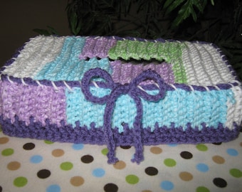 Crochet Tissue Box Cover with accent color on edges (Color: Violet Stripes with Purple trim)