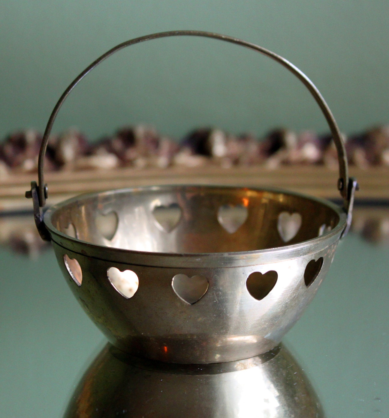 Brass Basket with Hinged Handle. Metal Basket Decorated with