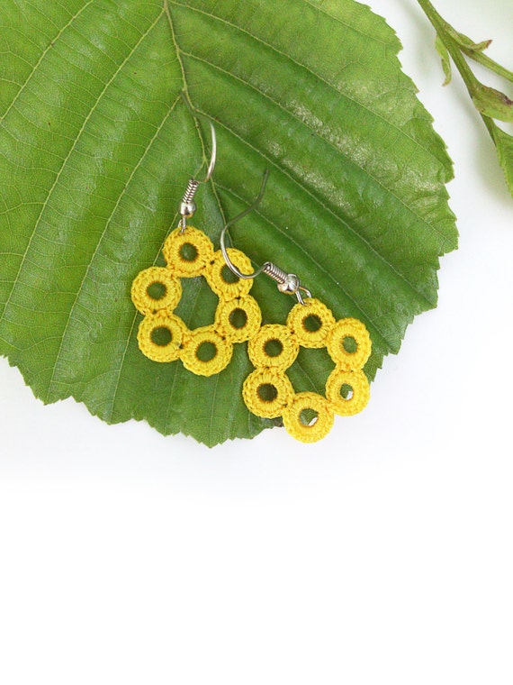 Crochet earrings Crochet jewelry Yellow jewelry Nickel free
