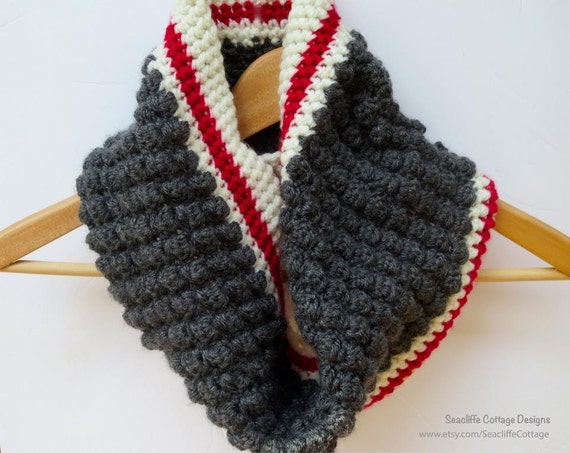 Grey Cowl Grey Neck Warmer Construction Sock Monkey Fall Winter Fashion Infinity Scarf Crochet Textured Scarf Grey Red Ivory