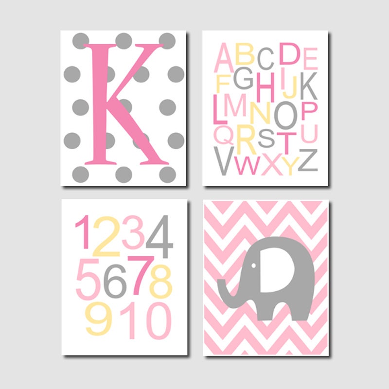 Elephant Nursery Art Pink Grey Baby Girl Elephant Wall Art