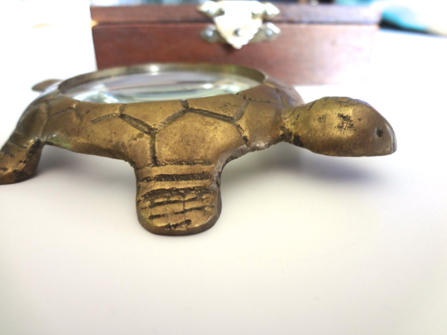 Vintage BRASS TURTLE Magnifying Glass Paperweight with Box
