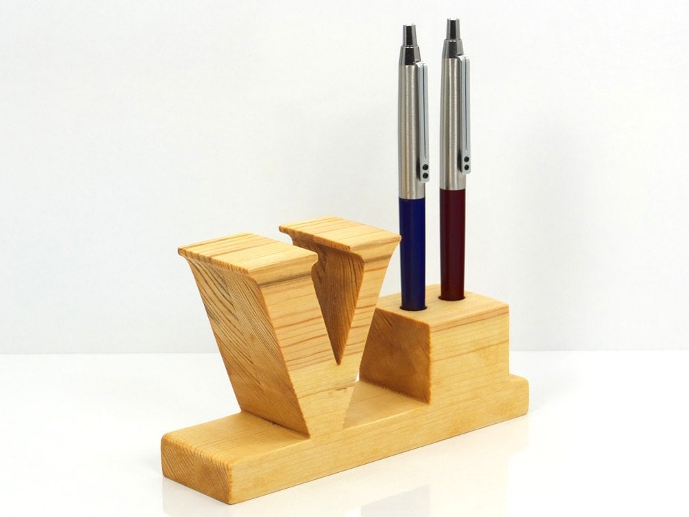 Pen Holder. Personalized wooden desk pen holder with letter