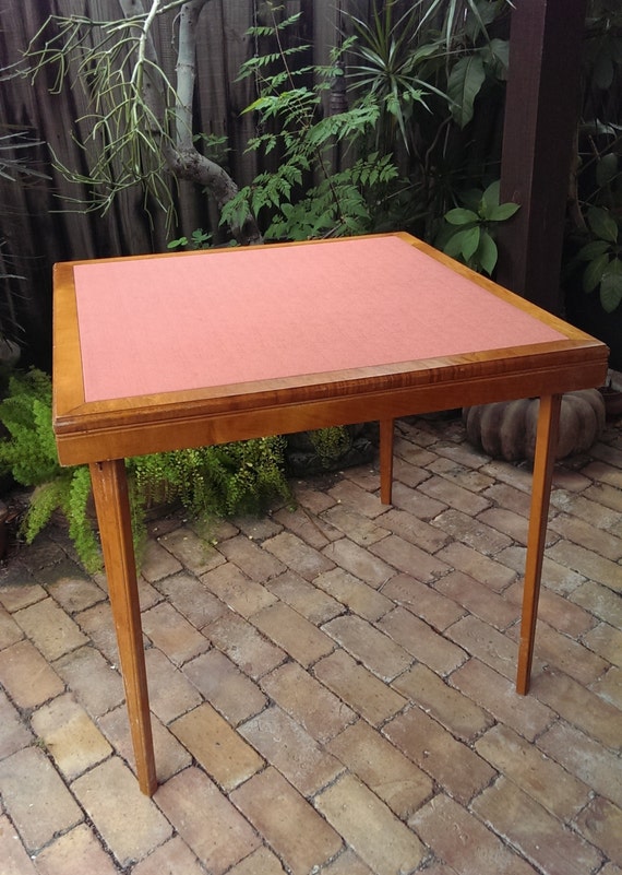 Vintage Burled Wood Folding Card Table Vinyl Top