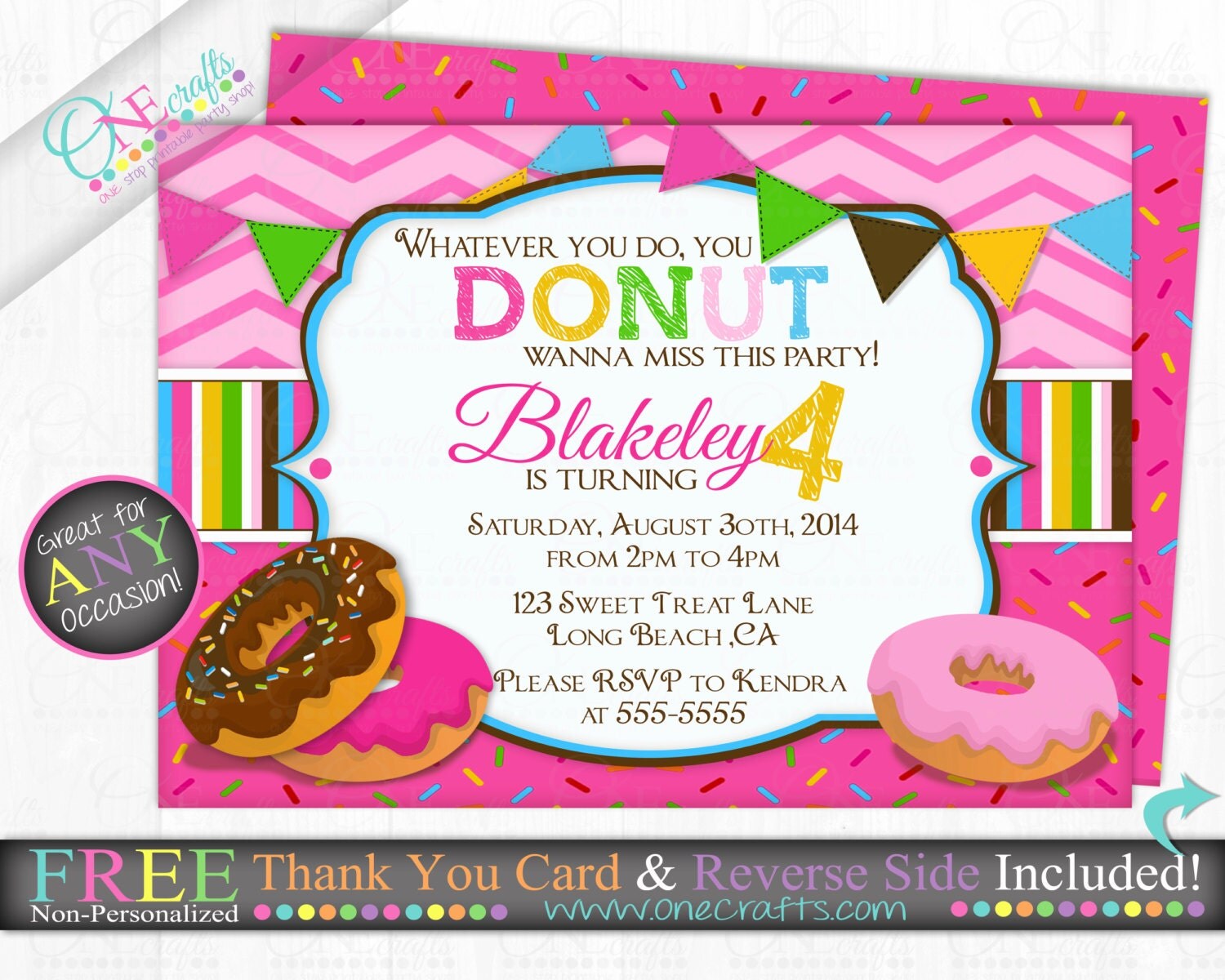 Donut Doughnut Invitation Pink Birthday Party Invite by OneCrafts