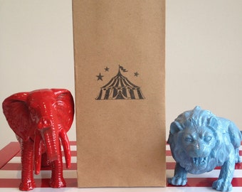 12 x Circus Lolly / Candy Bags - Brown Kraft Bags Hand Stamped with Circus Tent, Big Top, Carnival Theme Party