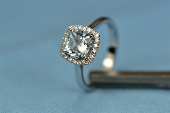 14K White Gold 6mm Cushion cut Blue Aquamarine ring Engagement/Promise ,Wedding Ring,free shipping