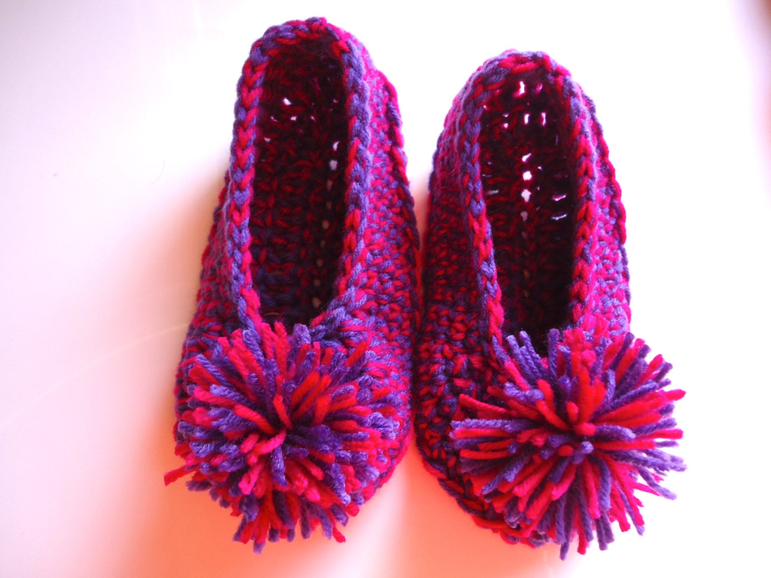 Purple and pink women's slippers with pom poms adult