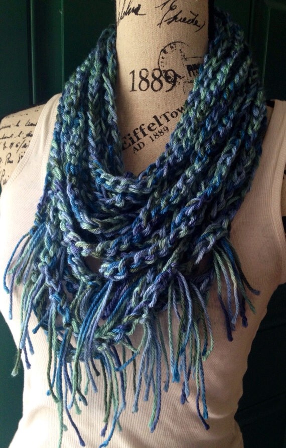 Fringed Denim blue and mixed jean blue multicolor infinity scarf with button accessory