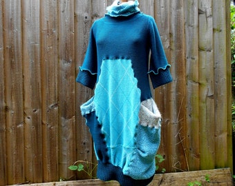 Up-cycled jumper dress /Recycled sweater dress/ Lagenlook Tunic Dress/ Size-free, Sculptural dress.