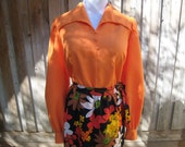 Late '60s - 1970s Solid Orange Peasant Blouse / Shirt / Top - Long Sleeve, Pull Over, Pointed Collar / Tangerine - Size L - XL