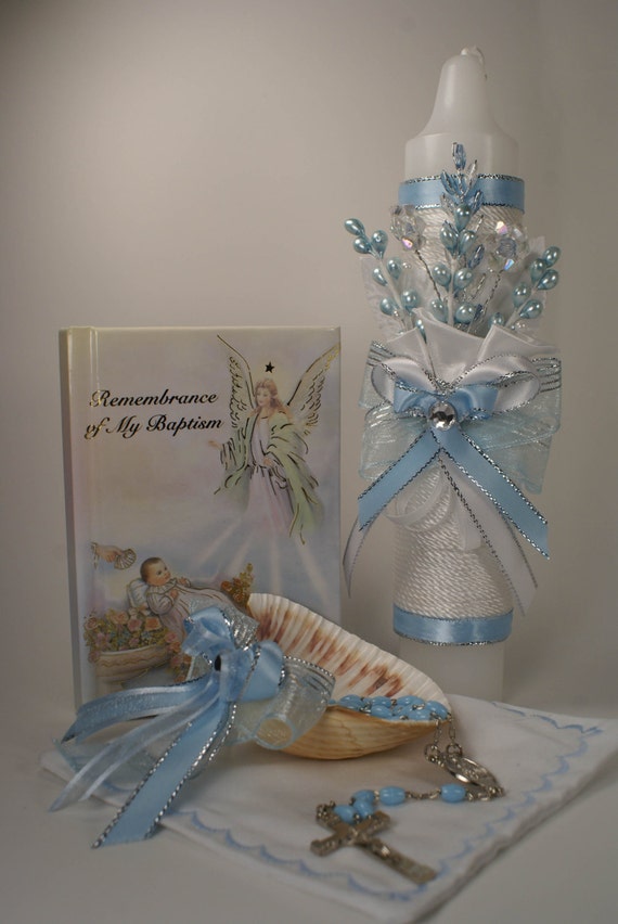 English Baptism Candle set for boys by CatholicSerenity on Etsy