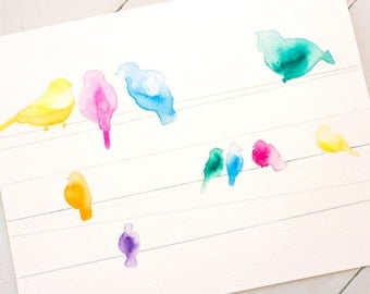 Birds on a Wire Painting - Children's Art Bird Watercolor Painting