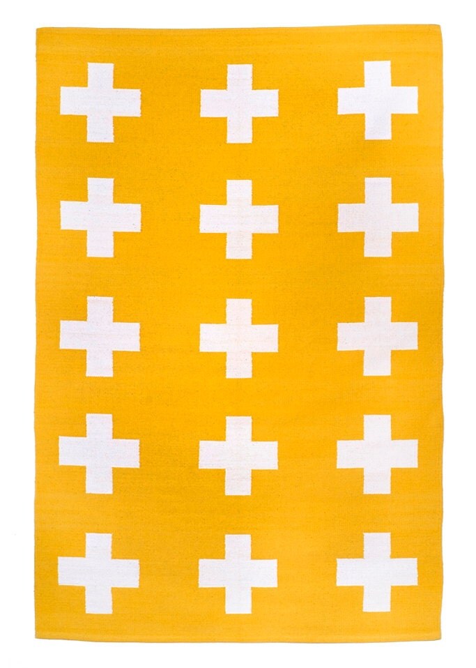 UNION RUG 4x6 yellow and white cross cotton dhurrie rug plus