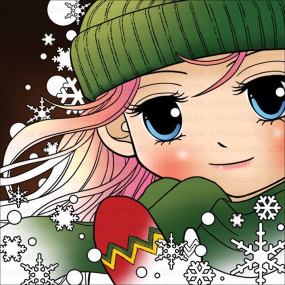 Digital Stamp-Winter Sofia , Big eyed girl illustration Coloring page, Instant Download Digi Stamp, Art by Mi Ran Jung