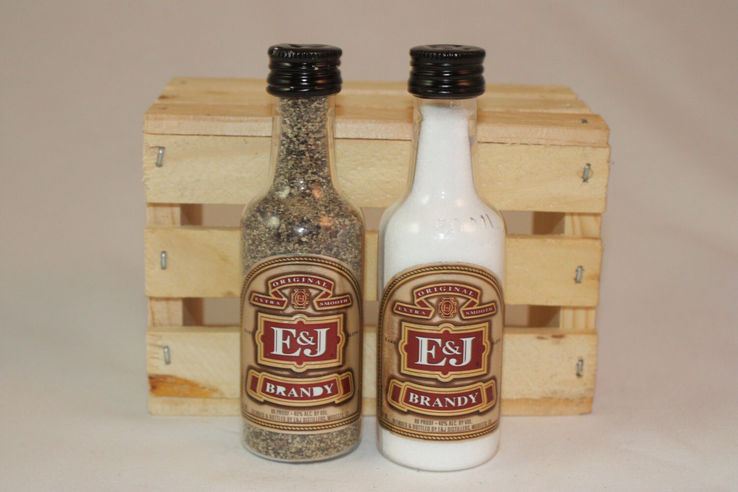 E and J Brandy Salt & Pepper Shaker Upcycled Liquor Bottles