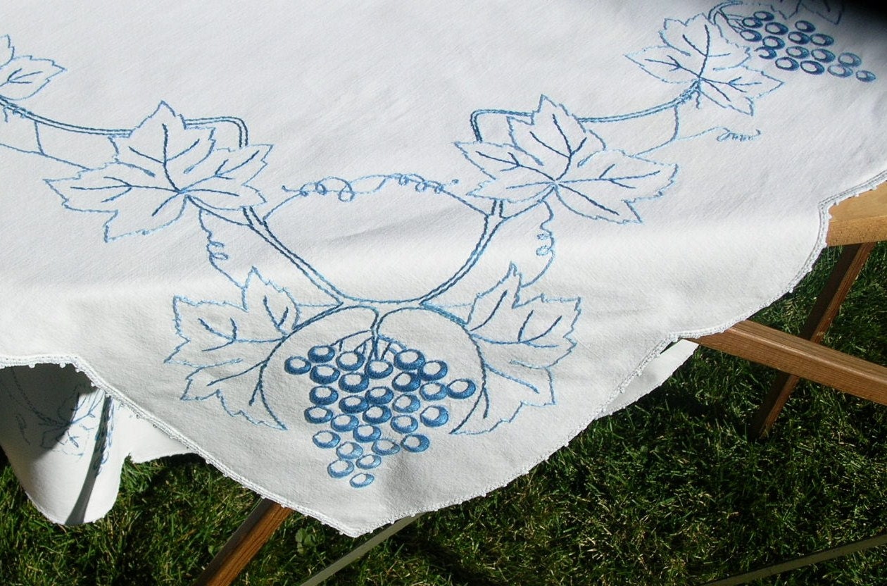 Embroidered vintage tablecloth Blue grapes Tuscan decor Grape