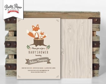 Woodland Baby Shower Invitation // Woodland Fox Invite // Gender Neutral Baby // Brown Taupe // Baby Fox // Wood // Printable Digital BS03