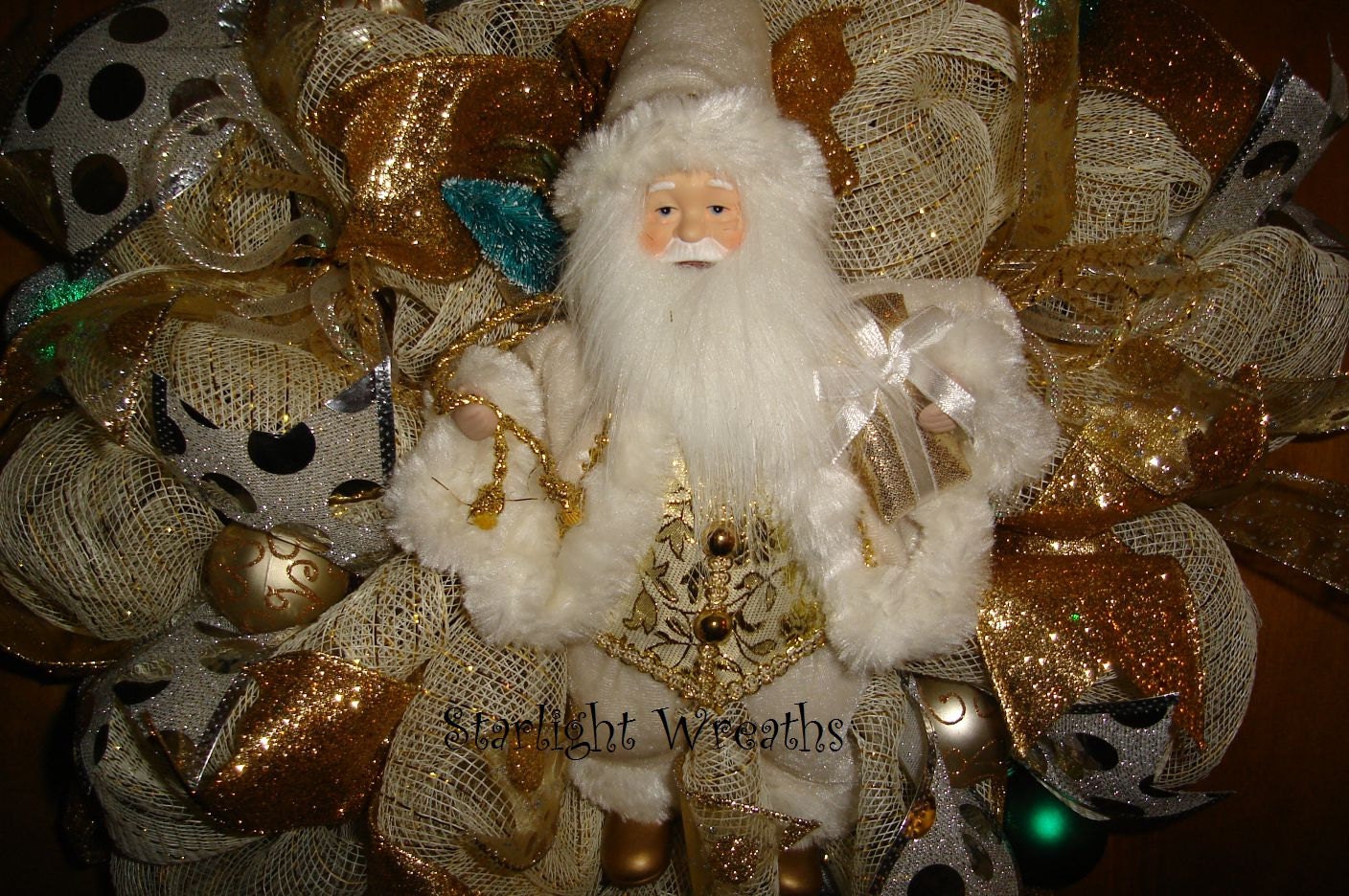 Gold and White Santa Mesh Wreath, Gold and Green Ornaments, Screen Door Decor