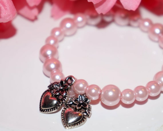 Flower girl bracelet, flower girl jewelry, pink flower girl jewelry, pearl flower girl bracelet